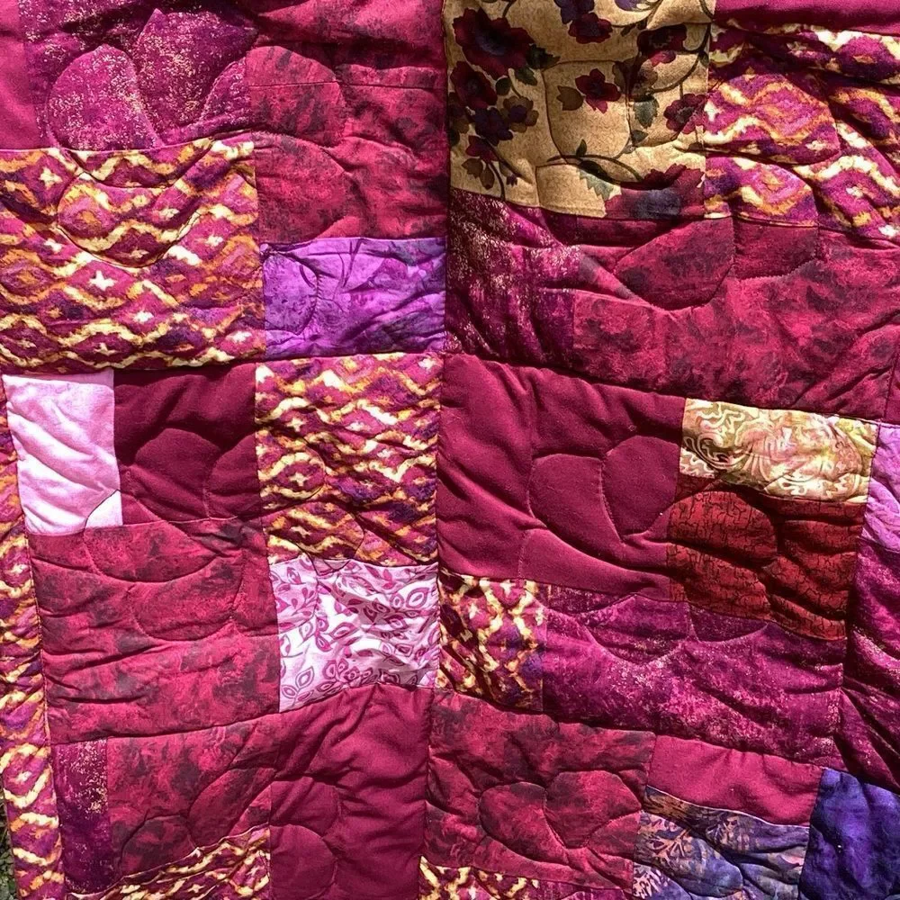 NWT. Hand Crafted Maroon/Wine Mixed Prints Lap Quilt